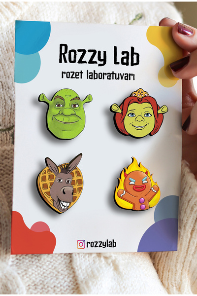 Rozzy Lab Shrek 4lü Rozet Set - Shrek Prenses Fiona Eşek Zencefil adam Şrek -...