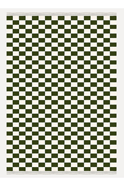 kilim home Mars Halı Yeşil Krem Dama Desenli Saçaklı Geometrik Salon Mutfak K...