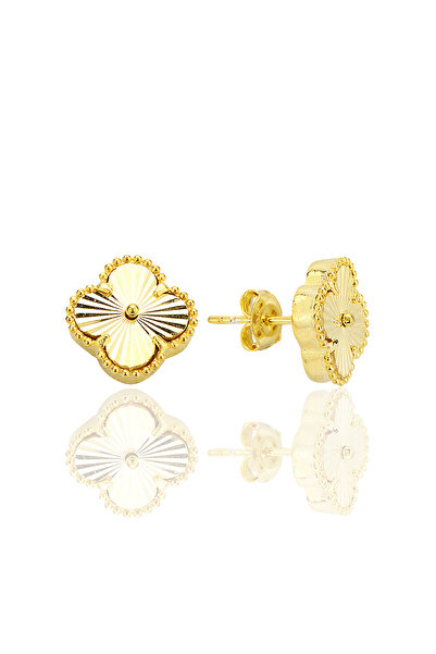 Söğütlü Silver Gümüş altın yaldızlı lazer işlemeli tasarım yonca küpe SGTL12547GOLD