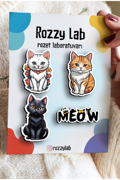 Rozzy Lab Kedi Rozet Set 4lü Kediler Siyah Beyaz Sarı - Rozet - Broş - Yaka Çanta Aksesuar