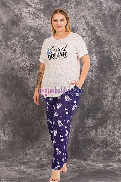 quilling Navy Blue - White Colored and Patterned Women's Cotton Large Size Mother Pajama Set - 10978