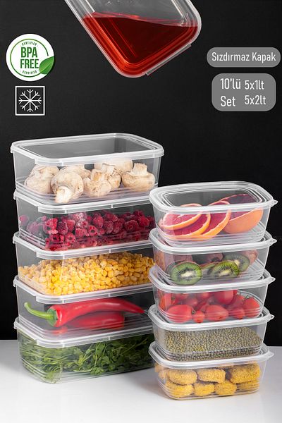 Porsima 4302 Model 10-Piece Freezer Storage Set with Self-Cover, Deep Freezer 1Lt and 2Lt Capacity