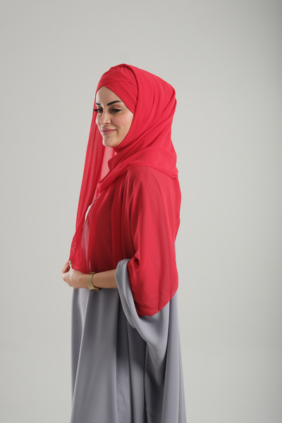 HÜRREM BONE Practical Red Chiffon Boned Bonnet Shawl - Single Band, Snap 1453_31