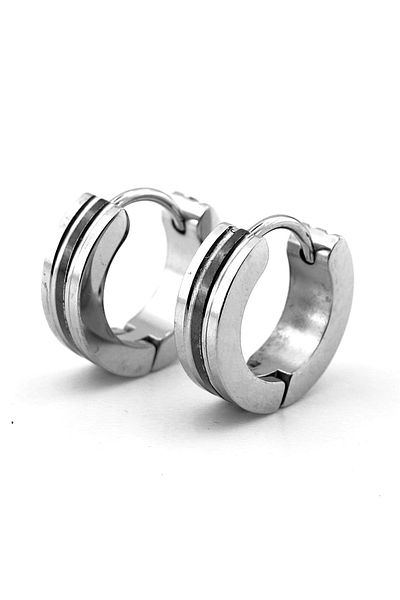 Solfera Men's Hoop Earrings - Vertical Black, Stripe, Silver Color, Stainless Steel - Er137