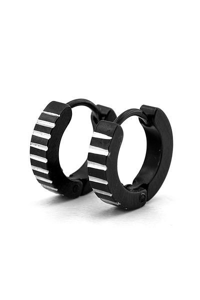 Solfera Men's Black Stainless Steel Hoop Earrings - Parallel Stripes, Er136