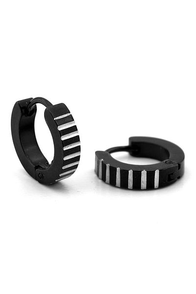 Solfera Men's Black Stainless Steel Hoop Earrings - Parallel Stripes, Er136