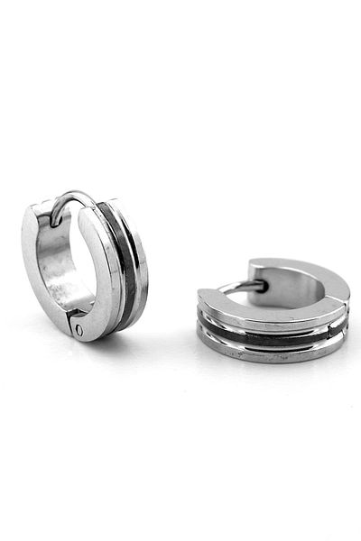 Solfera Men's Hoop Earrings - Vertical Black, Stripe, Silver Color, Stainless Steel - Er137