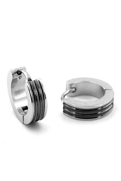 Solfera Silver Color Stainless Steel Men's Hoop Earrings with Double Black Stripe Er141