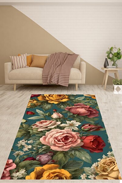 on the clouds Vintage Renkli Güller Floral Desen Yıkanabilir Kaymaz Taban Lek...