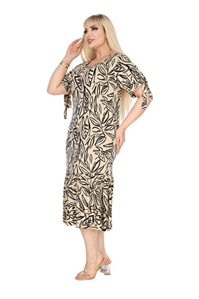 MELSAY Women's Square Neck Short Sleeve Sleeves Rope Lacing Beige Leaf Leaf Pattern Dress