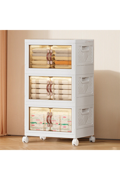 EqiEch Stackable Folding Storage Bins with Lids, 3-Layer Portable Plastic Cabinet with Wheels