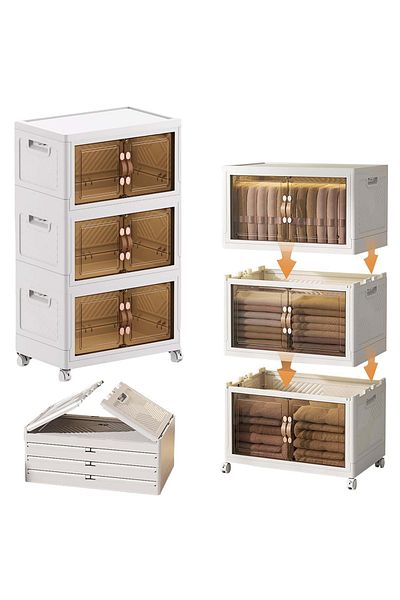 EqiEch Stackable Folding Storage Bins with Lids, 3-Layer Portable Plastic Cabinet with Wheels