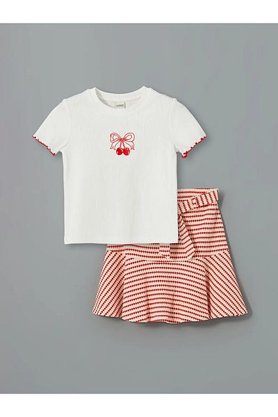 LC Waikiki طقم تي شيرت وتنورة للفتيات من LCW Kids Ecru Cherry