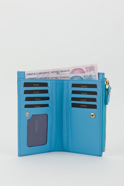 Fossil Boxed Genuine Leather Sky Blue Medium Size Women's Hand Portfolio Card Holder Wallet