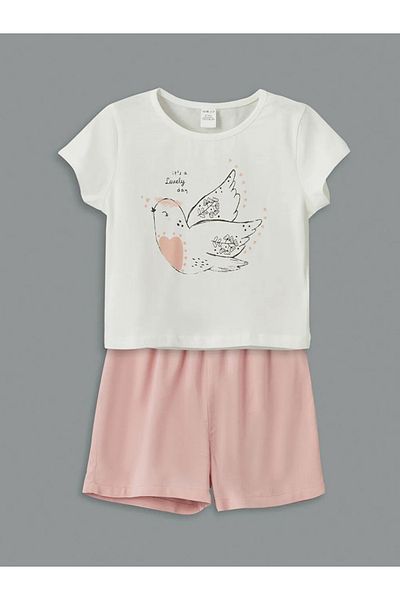 LC Waikiki Lcw Eco Pink Crew Neck Printed Girls' T-Shirt and Shorts 2-Piece