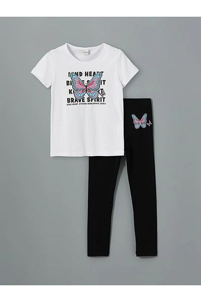 LC Waikiki Lcw Eco White Crew Neck Girls T-Shirt & Leggings