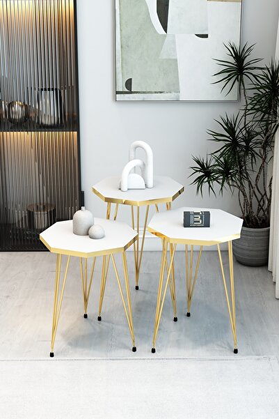 BARIN DESIGN 3'lü Sekizgen Zigon Sehpa Seti - Gold Metal Ayaklı, Modern & Şık...