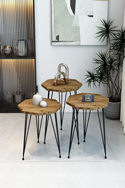 BARIN DESIGN 3'lü Sekizgen Zigon Sehpa Seti - Siyah Metal Ayaklı, Modern & Şı...