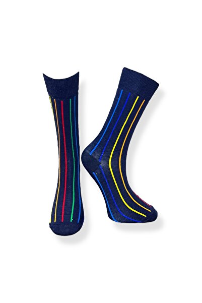 Mevo Single Unisex Striped Navy Blue Color Stretchy Moisture Cotton Socks