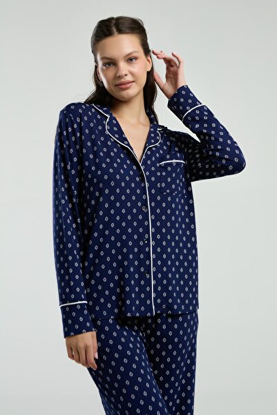 Pierre Cardin Boydan Düğmeli, Uzunkol Desenli Pijama Takım, Kutulu Çeyizlik Pijama Takım, %96 Viskon