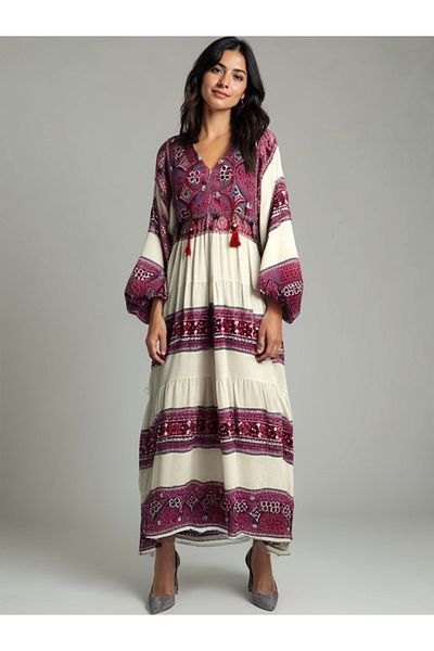 AYASOFYA OTANTIK Women's Burgundy Design Ethnic Print Long Sleeve Long Dress