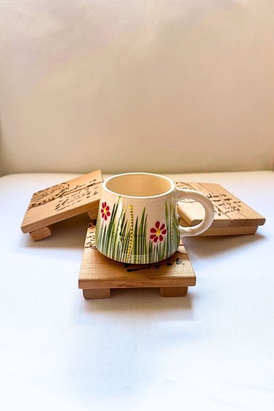 Bag The Joy Leftover - 4-Pack Raw 1St Grade Classroom Solid Wood Handmade Letter Pattern Coaster Set