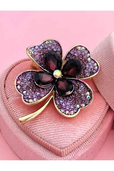 Alsade Kore Tarzı Mor Zirkon Taş Şanslı Dört Yapraklı Yonca Broş Yaka İğnesi