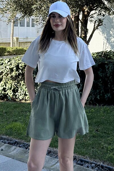 Juuuj Women's Khaki Pocketed, Lace-Up, Elastic Waist, Loose Muslin Shorts