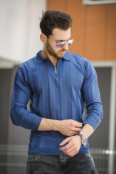 Oksit Tricotaje pentru bărbați Vilnius Slim Fit - Guler cămașă cu dungi, jumătate cu fermoar