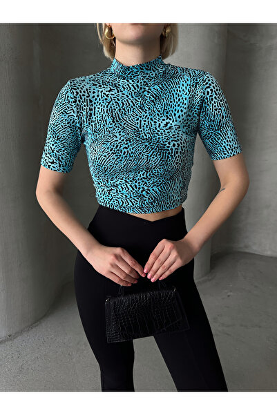Look Forward Γυναικεία μπλούζα με κοντό μανίκι βισκόζης με γιακά μπλε λεοπάρ