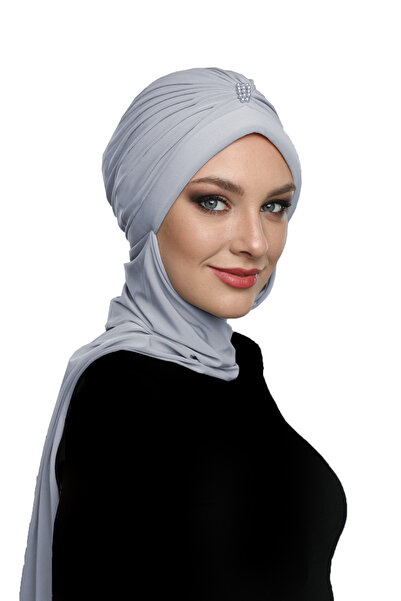 fidan bone Turban gata făcut, brodat cu perle, gri deschis, cu eșarfă de perl...