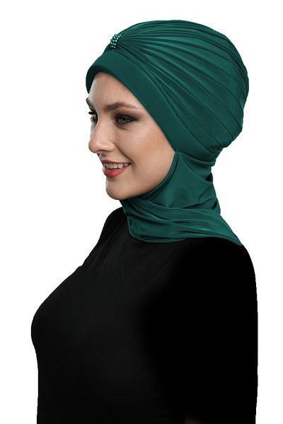 fidan bone Handmade Pearl Embroidered Green Ready-made Turban Hijab Bonnet with Pearl Scarf