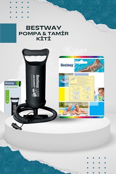 BESTWAY 29 Cm Hand Pump Inflator Boat and Mattress - Adhesive Pool Repair Repair Patch