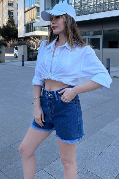 Juuuj Women's Navy Tasseled Leg, High Waist, Comfortable Denim-Jeans Shorts