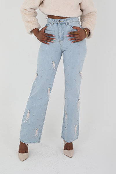 Viskosa Blugi drepti New Season White Feather cu pietre aplicate