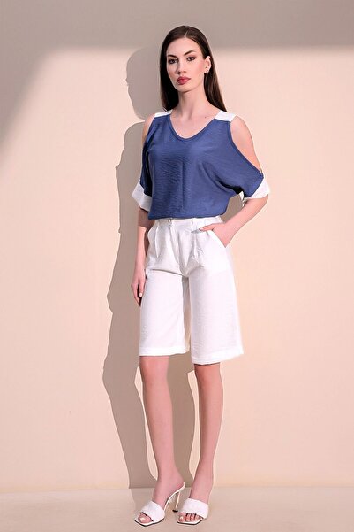 Juuuj Women's Ecru & White Quality Pocketed Double Leg Linen Bermuda Shorts