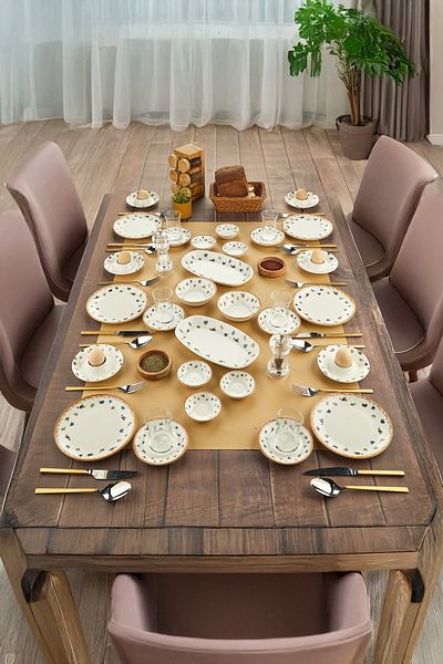 Cooker 34 Piece Porcelain Patterned Breakfast Set - Boat, Egg Holder, Plate, Jam Bowl, Snack Bowl