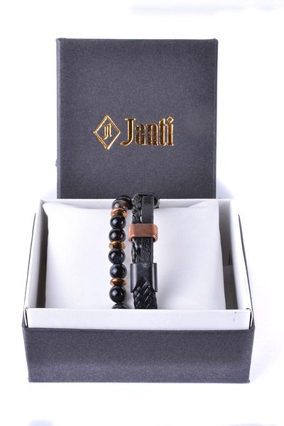 Janti Jtkb20031 Natural Stone and Leather Combination Bracelet