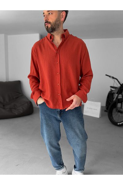 BYBASICMAN Pm-008 Model Brick Colored Crinkle Fabric Shirt