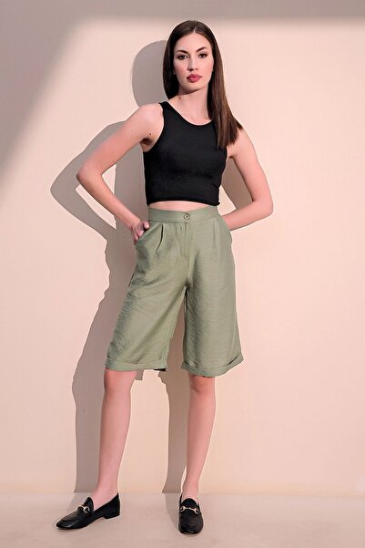 Juuuj Women's Khaki Quality Pocketed Double Leg Linen Bermuda Shorts
