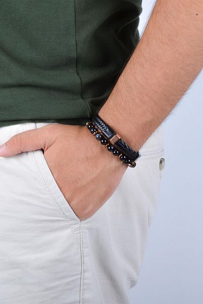 Janti Jtkb20031 Natural Stone and Leather Combination Bracelet