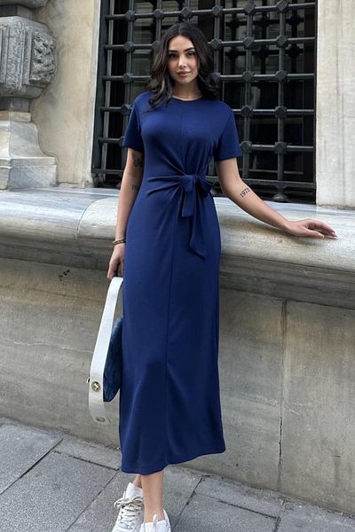 Ded COLLECTION Women's Crew Neck Short Sleeve Front Tie Detail Modal Fabric Midi Dress