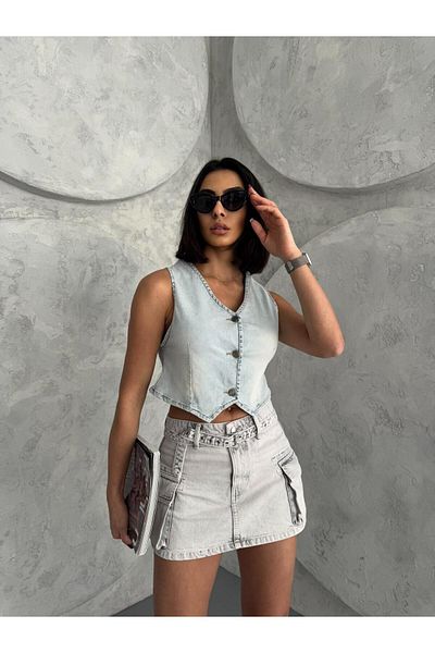 Zeo Basic VESTĂ DE DENIM ALBASTRU Gheață, cu decolteu în V, cu nasturi