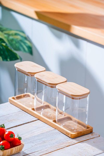 ACAR 3-Piece Borosilicate Glass Spice Rack Set with Malibu Bamboo Stand