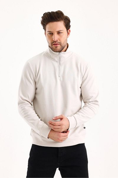 FİHA /9112-Unisex Half Zipper Lapel Sweat - Stone