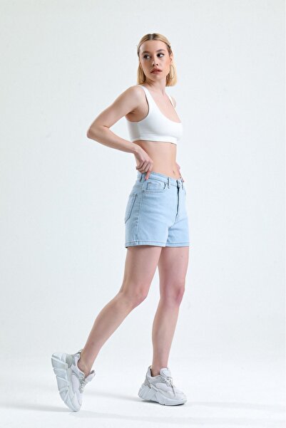Genel Markalar KN Yüksek Bel Denim Buz Mavi Kadın Kot Şort