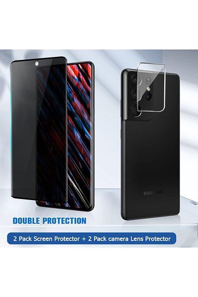 AWH 1+2 Pack Privacy Screen & Camera Lens Protector for Samsung Galaxy S21 Ultra 6.8", 9H Hardness