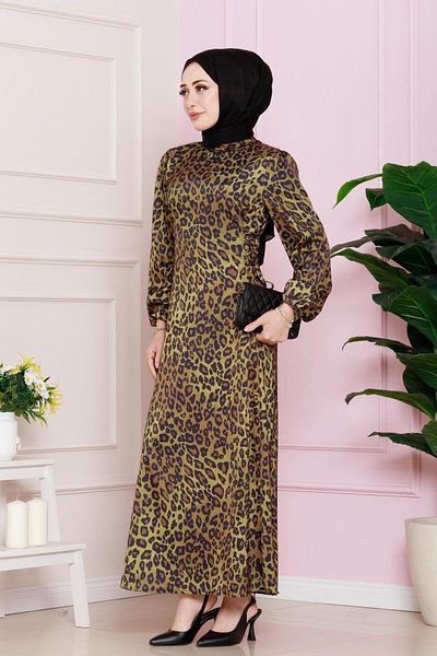 Sevitli Rochie de seara Hijab cu model leopard mustar - cu dantela laterala