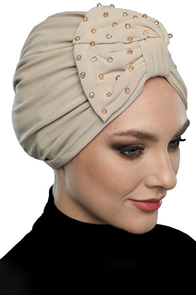 fidan bone Κρυστάλλινο πέτρινο κεντημένο διπλής όψης με επένδυση μπεζ έτοιμο τουρμπάνι Hijab βραδινό καπό