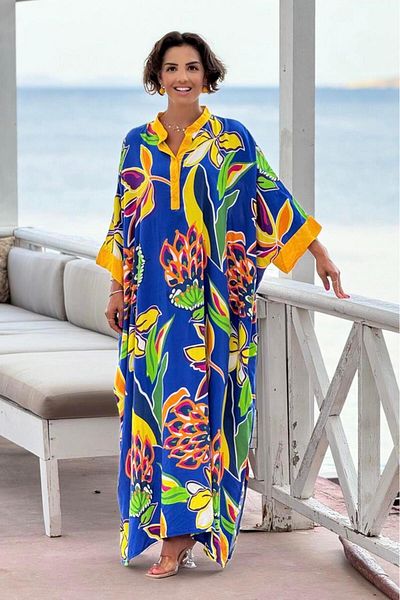Nevin Kaya Moda Φόρεμα με τροπικό σχέδιο μπλε συν μέγεθος - 100% βαμβάκι